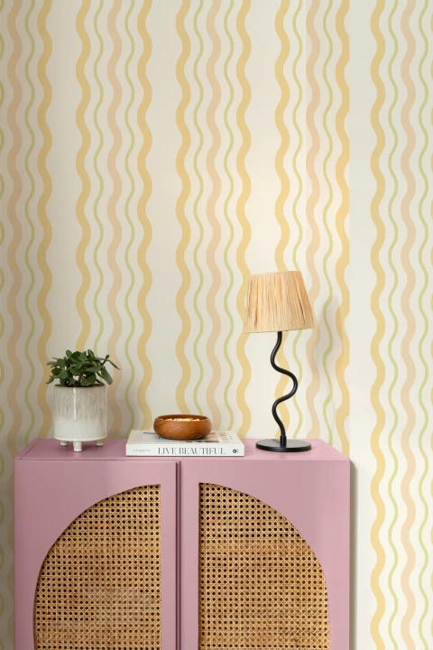 Yellow Wavy Ric Rac Striped Wallpaper
