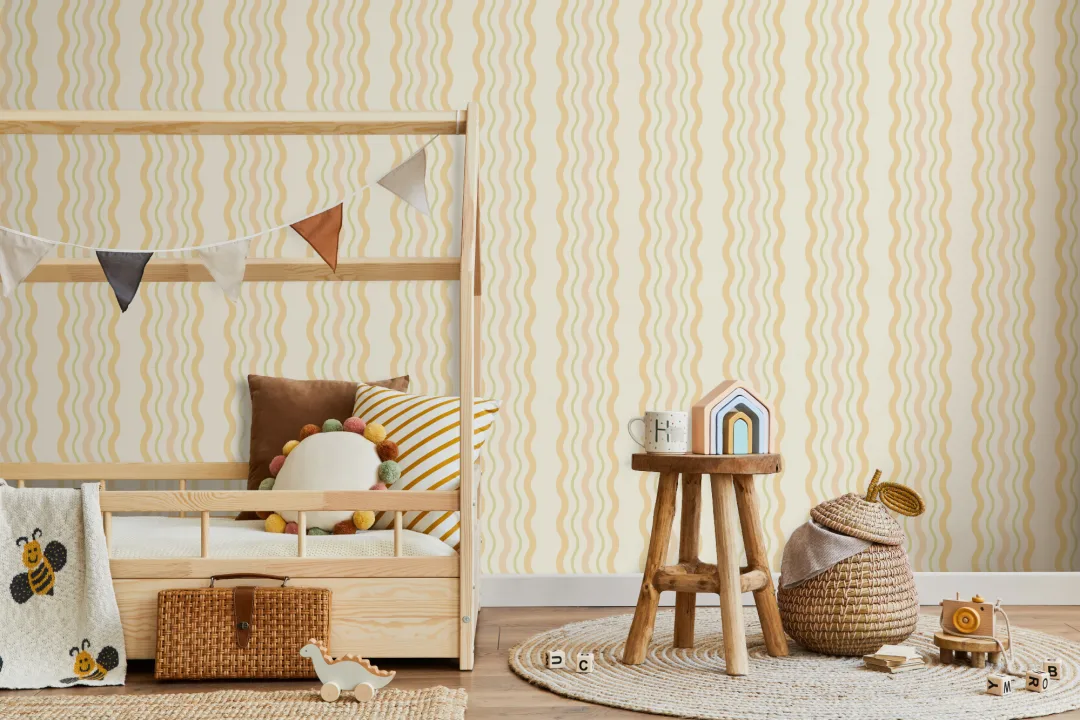 Yellow Wavy Ric Rac Striped Wallpaper