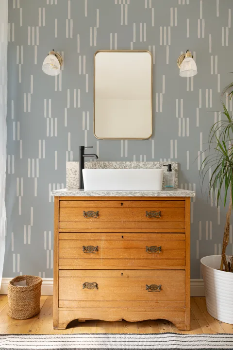 Hand-Painted Vertical Line Geometric Wallpaper in Stone Blue