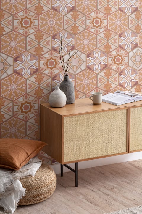 Orange Tile Effect Boho Repeat Pattern Wallpaper