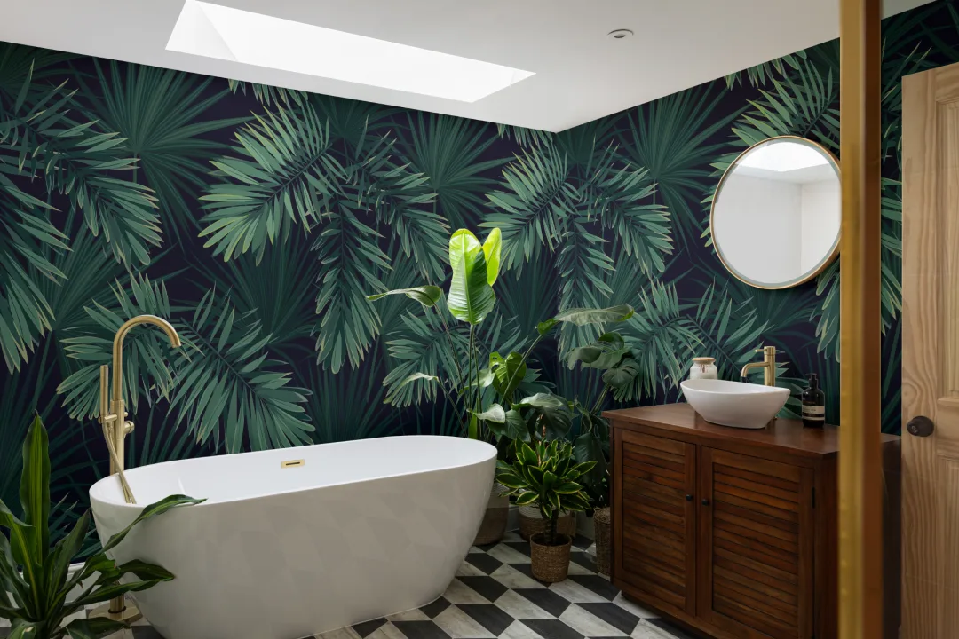 Mural Papel Pintado con Hojas Tropicales Verdes Ilustradas