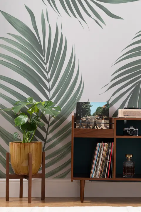 Carta da Parati Tropicale con Foglie di Palma Verdi Oversize