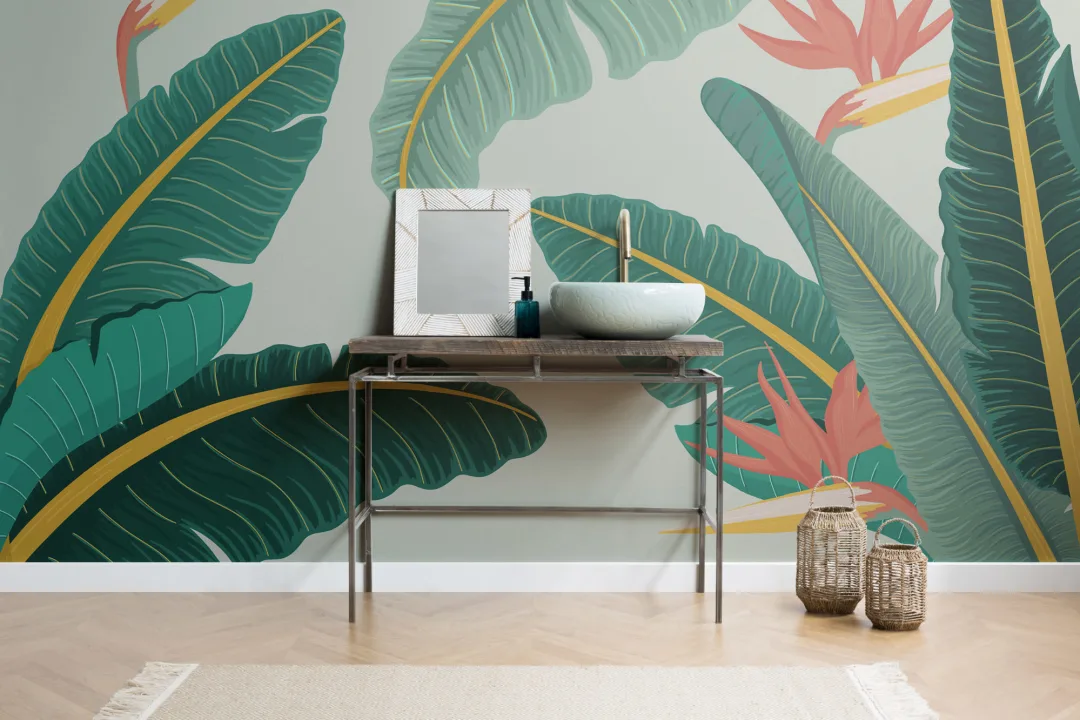 Tropical Green Banana Leaf Bird of Paradise Wallpaper Mural