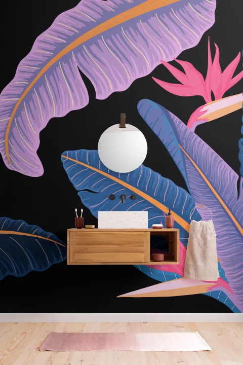 Mural Papel Pintado Tropical Hojas de Plátano Azules y Aves del Paraíso Fondo Oscuro
