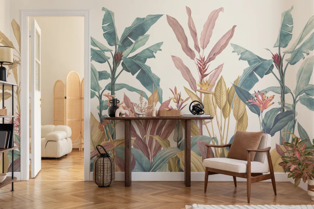 Pink & Teal Vintage Tropical Wall Mural