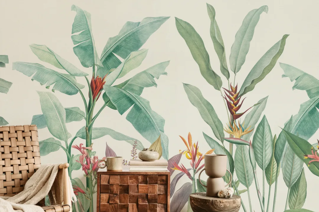 Mural Papel Pintado Vintage con Plantas Tropicales Verdes