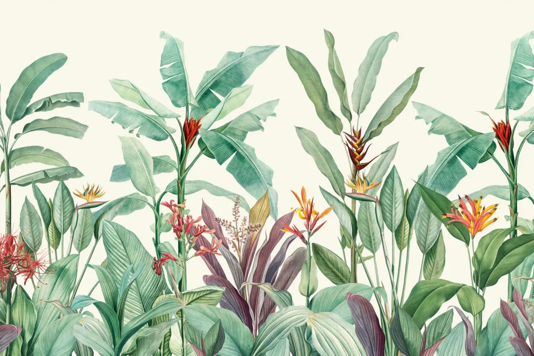 Mural Papel Pintado Vintage con Plantas Tropicales Verdes