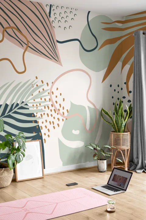 Groen & Roze Abstract Tropisch Blad Collage Behang Muurschildering