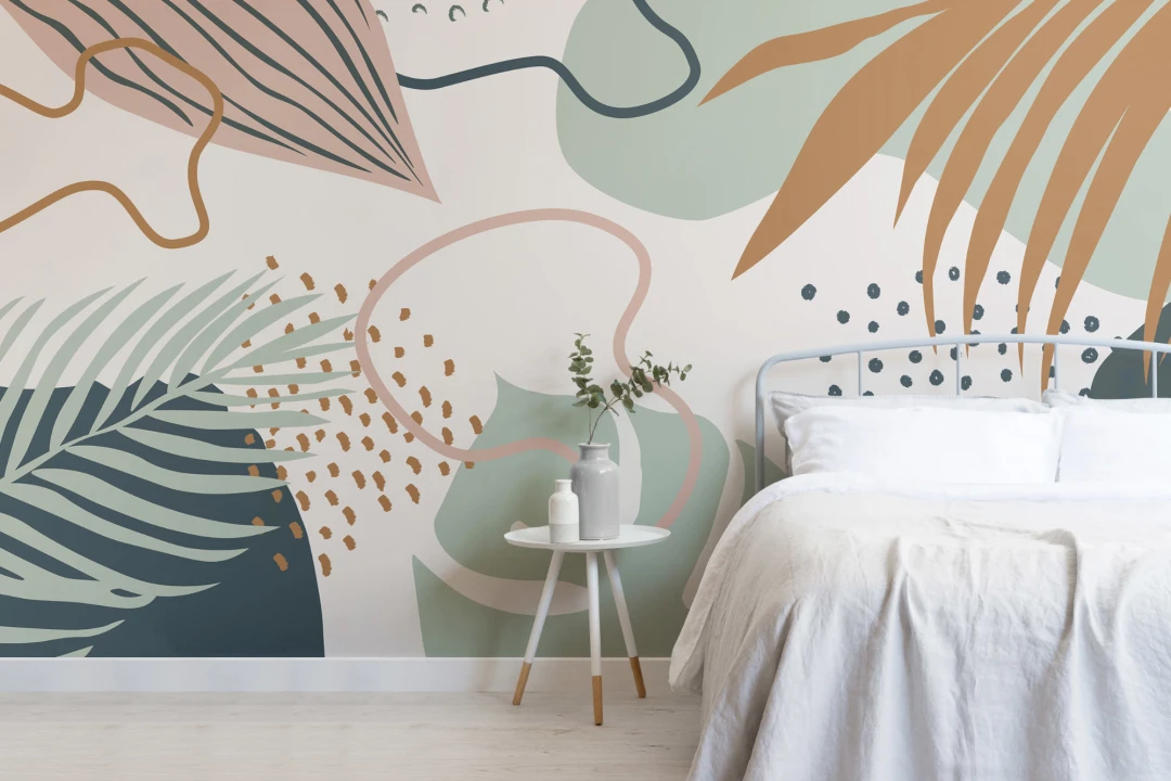 Green & Pink Abstract Tropical Leaf Collage Wallpaper Mural