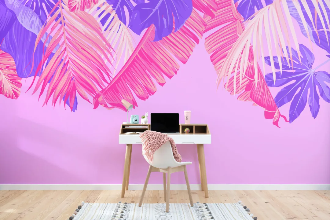 Bright Pink & Purple Tropical Leaves Wallpaper Mural