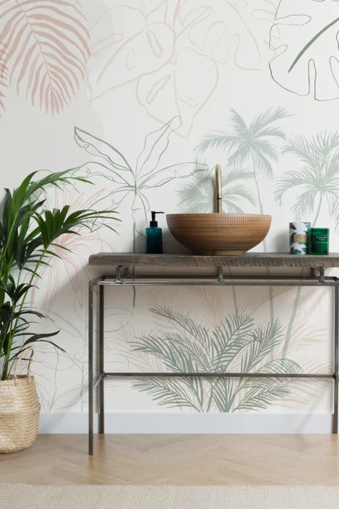 Mural Papel Pintado Rosa y Verde con Hojas Tropicales y Estilo Minimalista