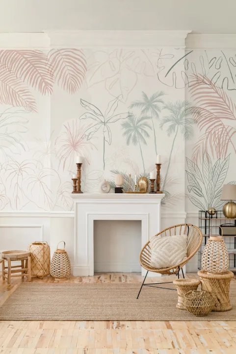 Carta da Parati Foresta Tropicale Stile Minimal in Rosa e Verde