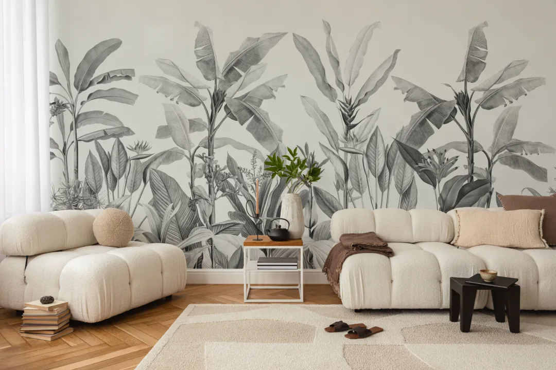 Grayscale Vintage Tropical Plants Wallpaper Mural