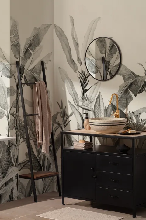 Mural Vintage con Plantas Tropicales Grises