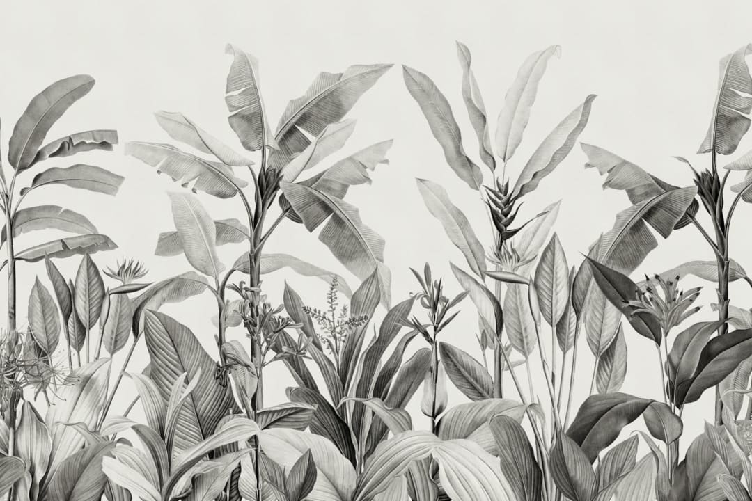 Grayscale Vintage Tropical Plants Wallpaper Mural