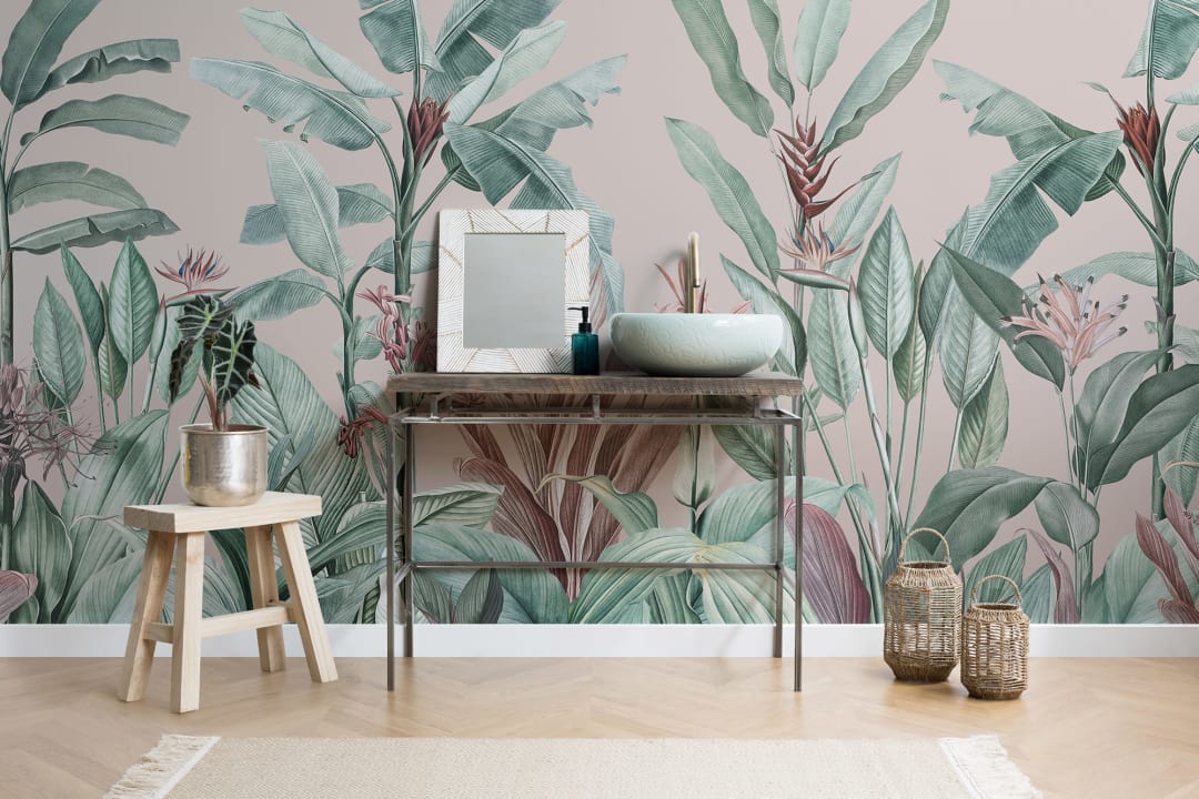 Pastel Pink & Green Vintage Tropical Wallpaper Mural