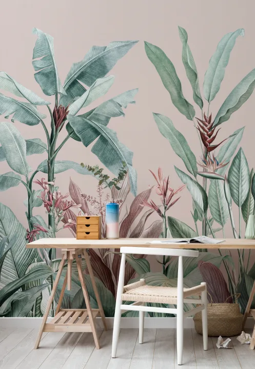 Carta da Parati Foglie Tropicali Vintage in Rosa e Verde