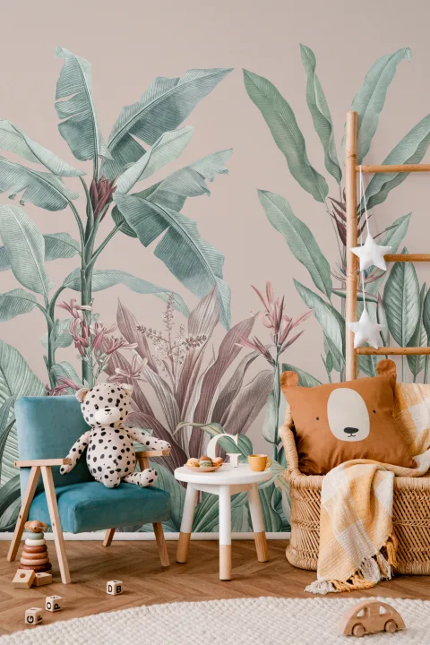 Pastel Pink & Green Vintage Tropical Wallpaper Mural