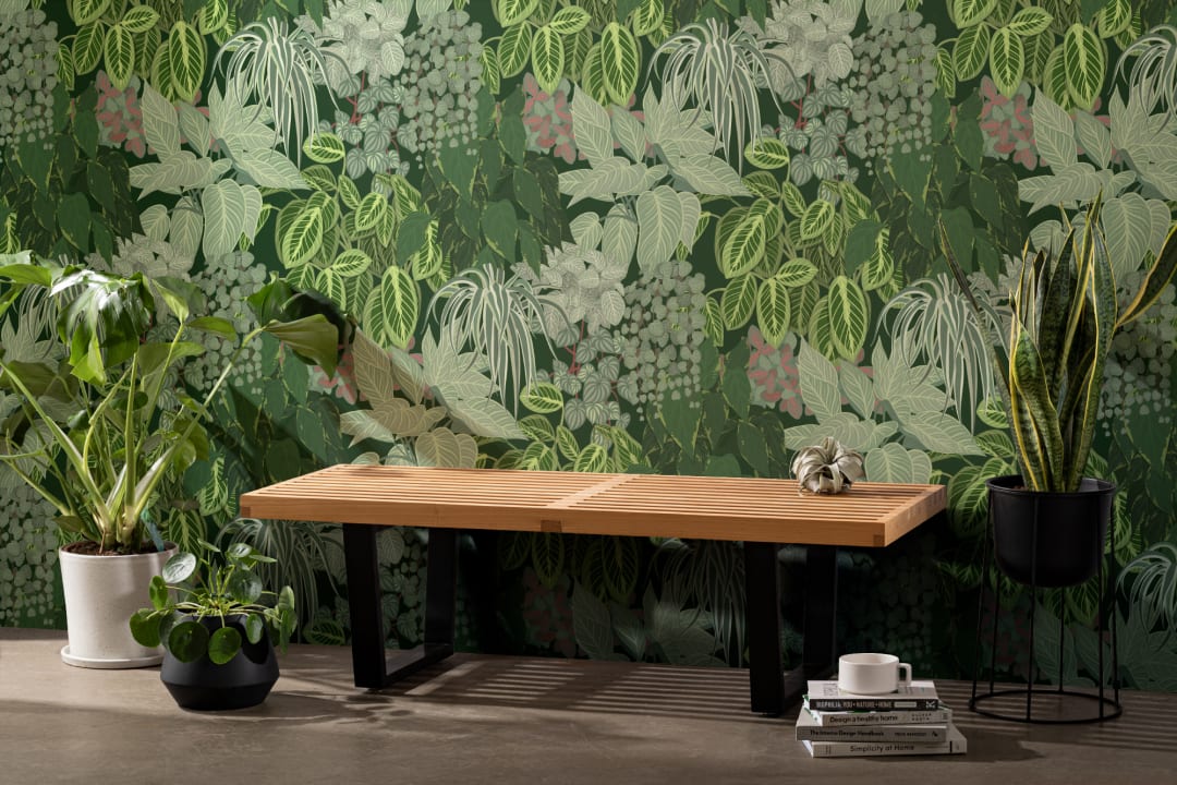 Papier Peint Feuillage Vert avec Jardin Vertical à Motifs de Plantes d’Intérieur