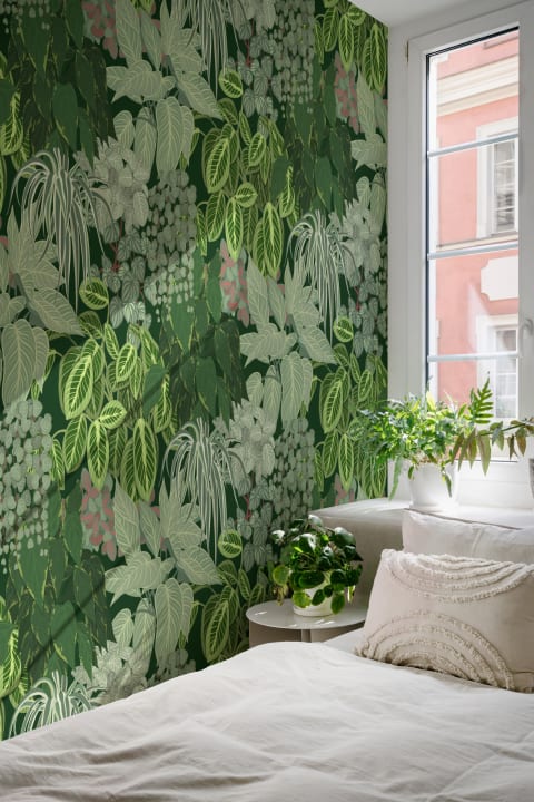 Papier Peint Feuillage Vert avec Jardin Vertical à Motifs de Plantes d’Intérieur