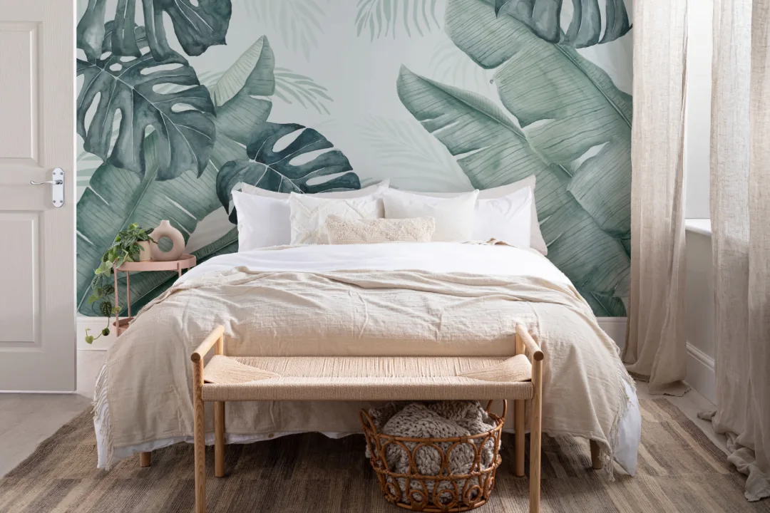 Verde și albastru acuarelă frunze tropicale Wallpaper Mural