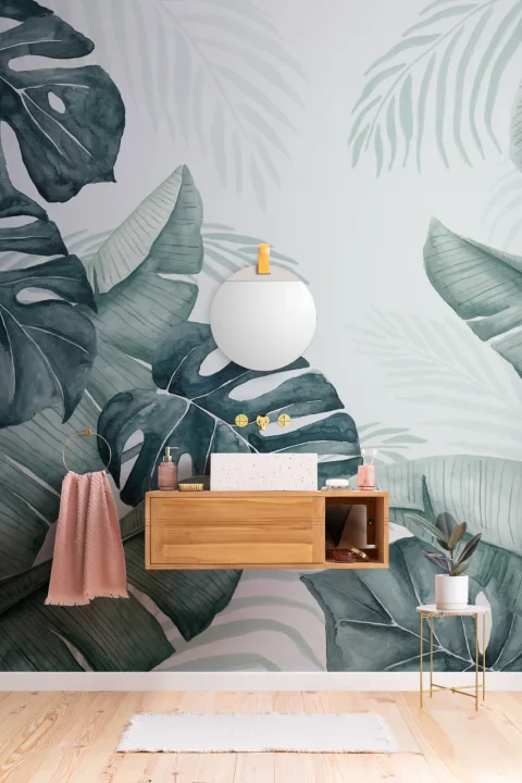 Mural Papel Pintado Verde con Hojas Tropicales a la Acuarela Efecto 3D