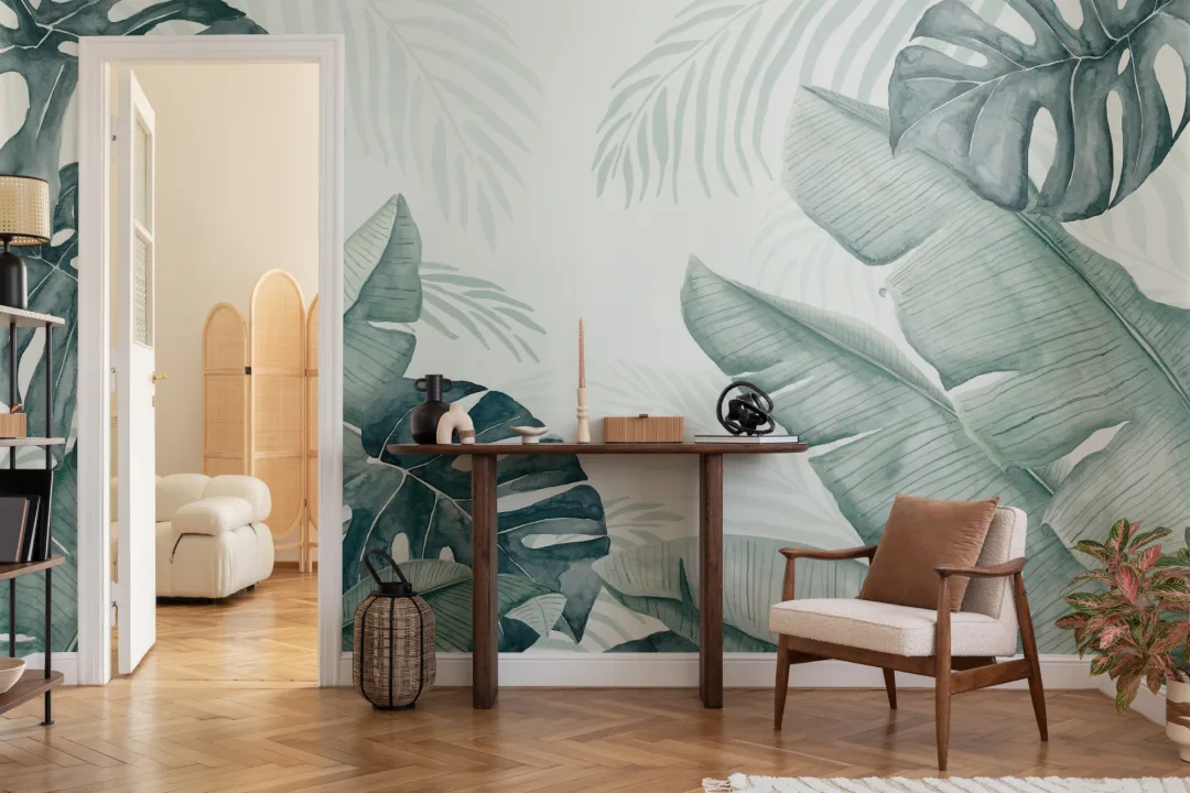 Carta da Parati Verde con Foglie Tropicali all’Acquerello Effetto 3D