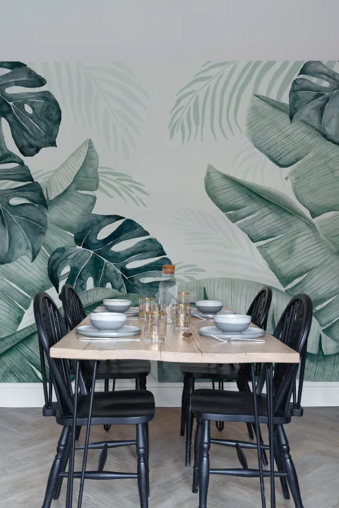Green and Blue Watercolor Tropical Leaves Wallpaper Mural