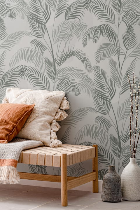 Papel Pintado Verde con Motivo de Hojas de Palmera a la Acuarela