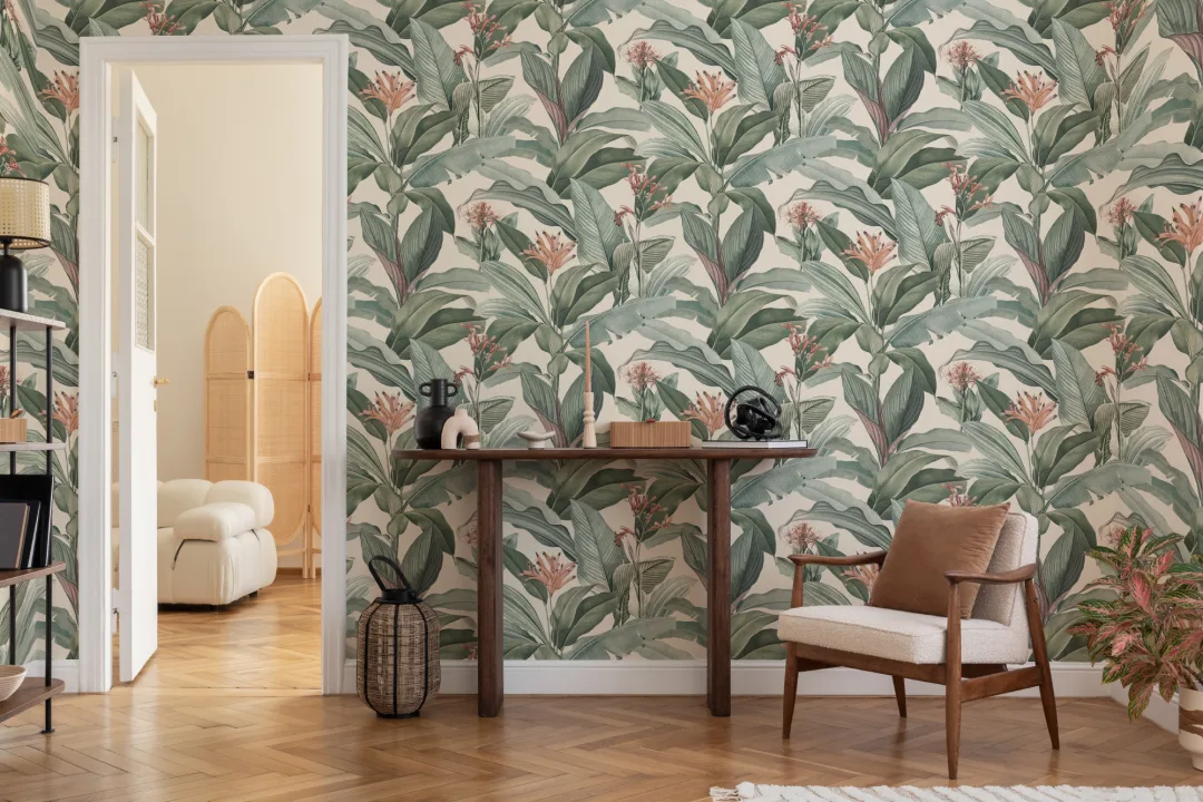 Carta da Parati Vintage Beige con Motivi a Foglie Tropicali