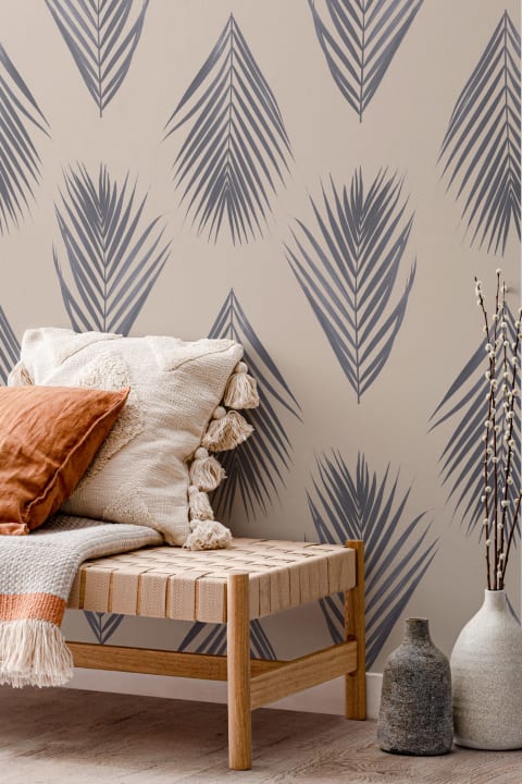 Blue and Cream Palm Leaf Repeat Pattern Wallpaper