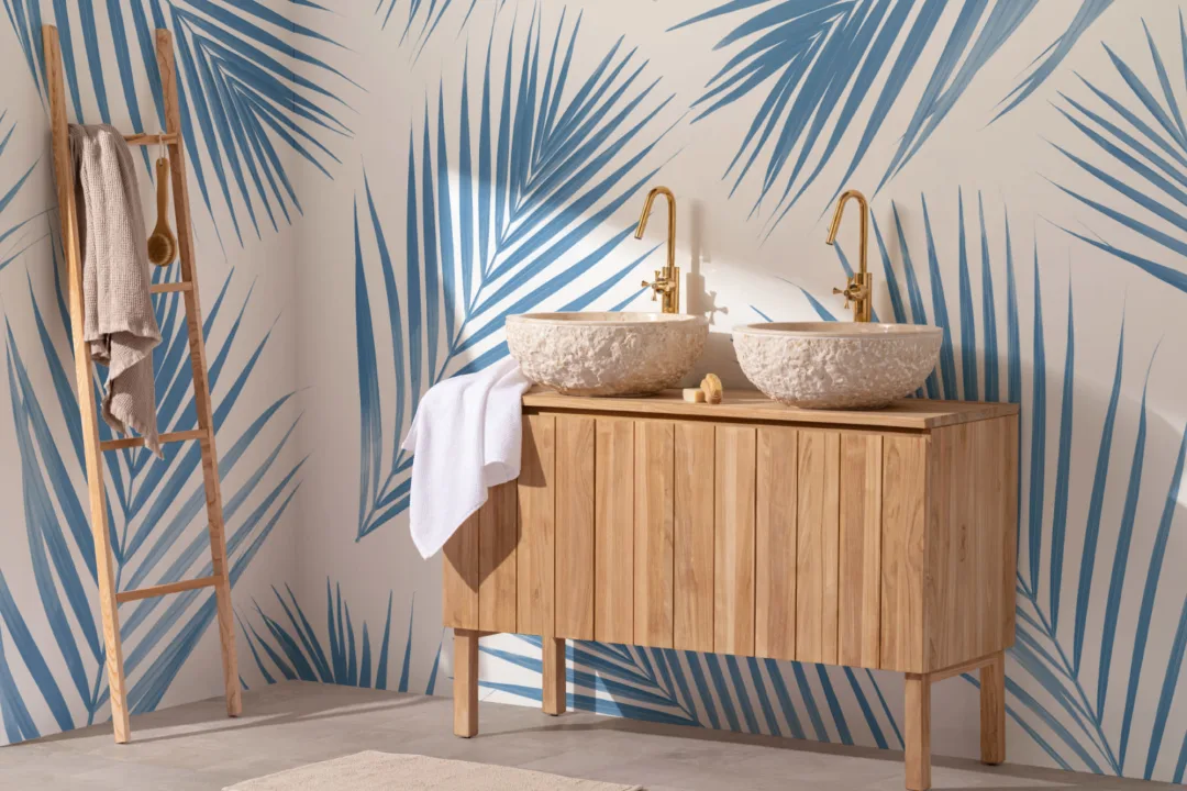 Blue and White Palm Leaf Tropical Wallpaper Mural