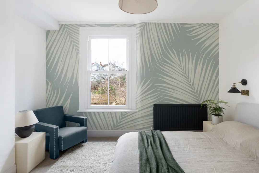 Pale Blue Illustrated Tropical Palm Leaf Wallpaper Mural