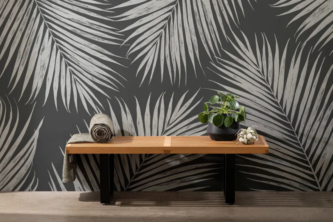 Mural Papel Pintado Blanco y Negro con Hojas de Palmera Grandes