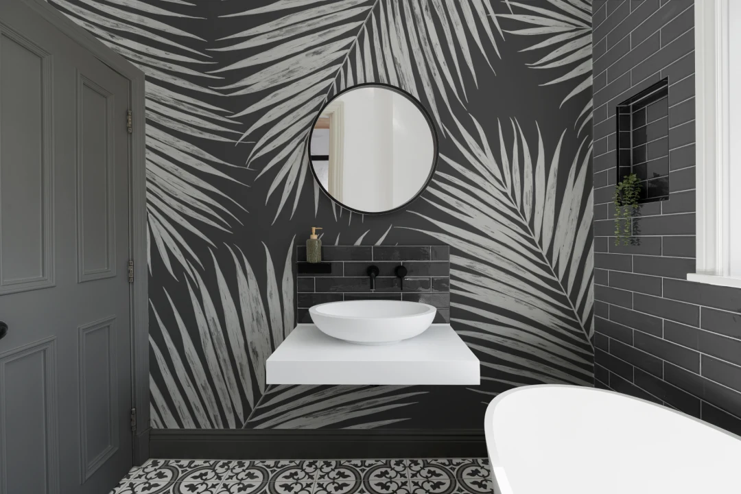Negru și alb ilustrate tropicale frunze de palmier Wallpaper Mural