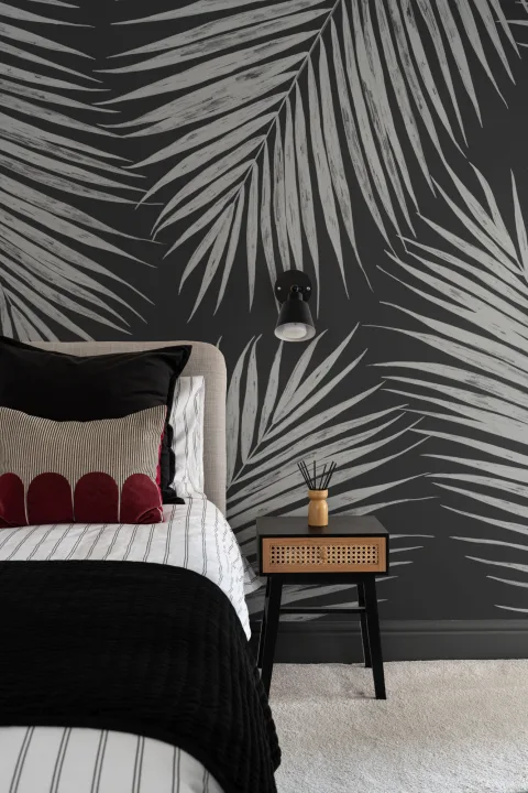 Mustavalkoinen kuvitettu trooppinen Palm Leaf kuvatapetti