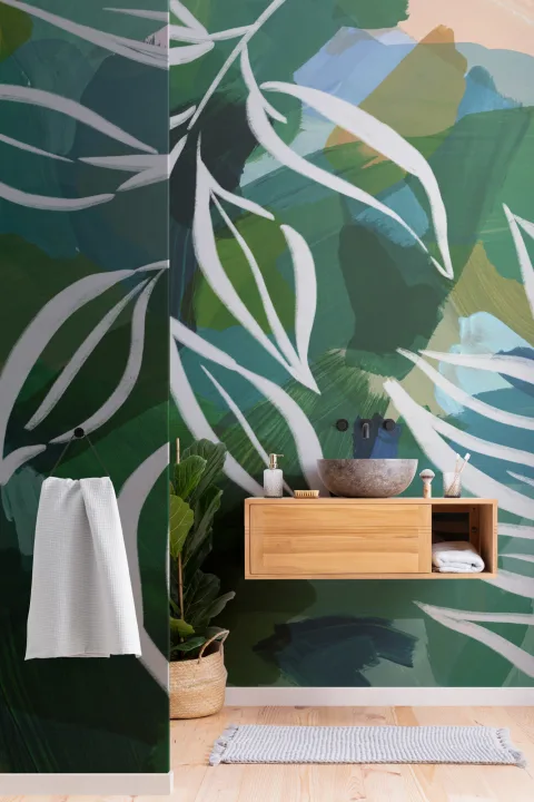 Mural botánico abstracto en azul y verde