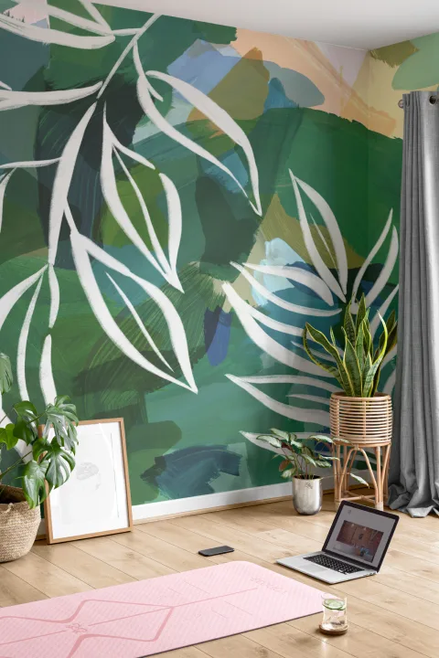 Niebiesko-zielona abstrakcyjna botaniczna fototapeta ścienna