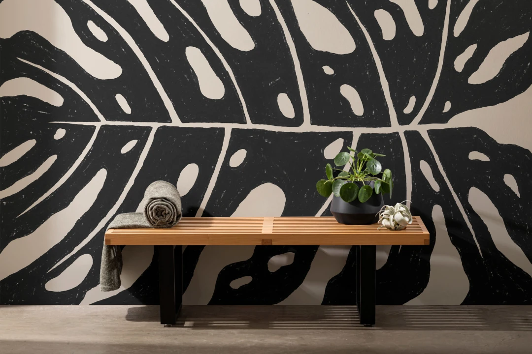 Mural monstera gigante en beige y negro