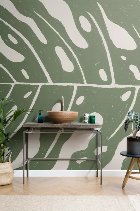 Mural Monstera gigante en beige y verde