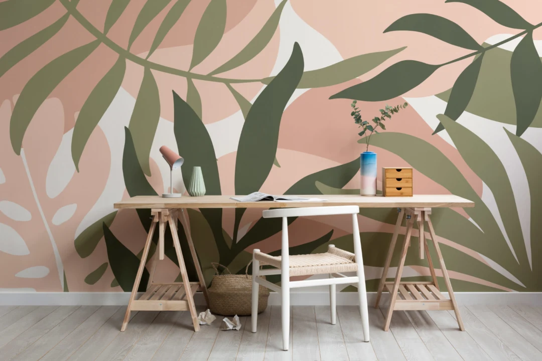 Blush Pink och Green Tropical Leaves Fototapet