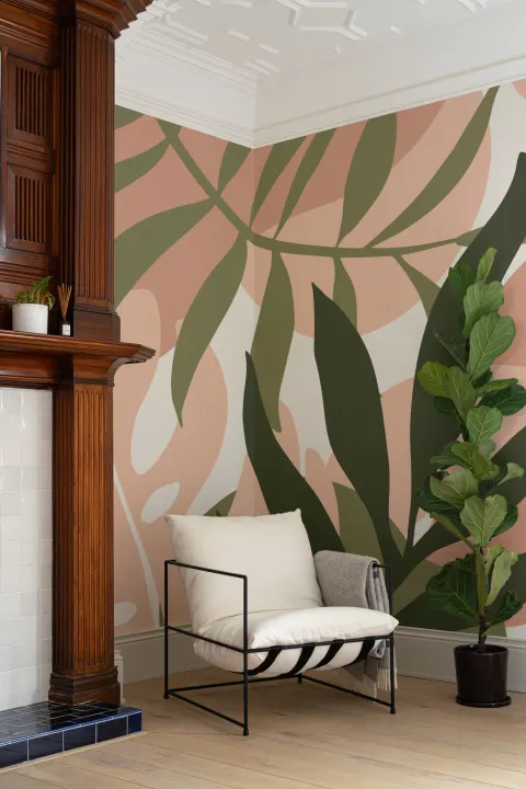Carta da parati foglie tropicali in rosa e verde