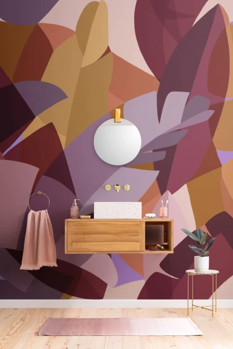 Papel Pintado Hojas de Plátano Rosa en Estilo Cubista