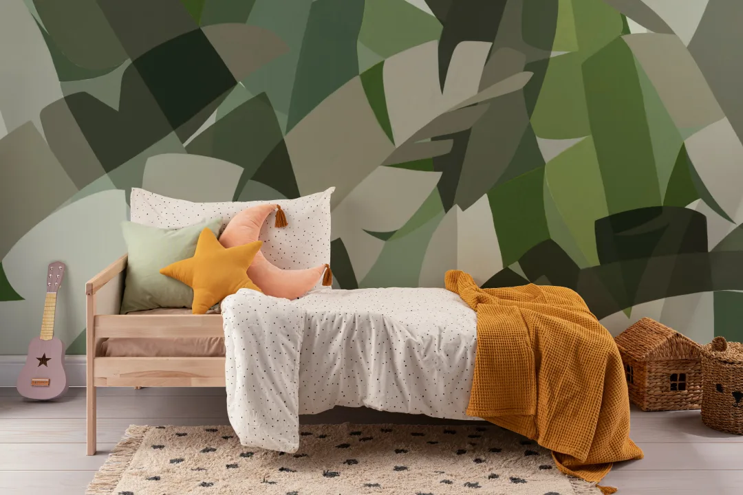 Green Cubism Style Tropical Leaves Wallpaper Mural