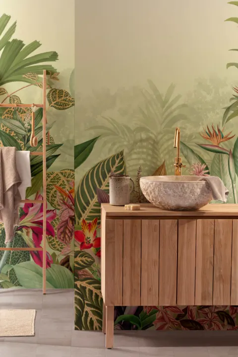Mural Botánico Tropical Vintage en Verde Claro