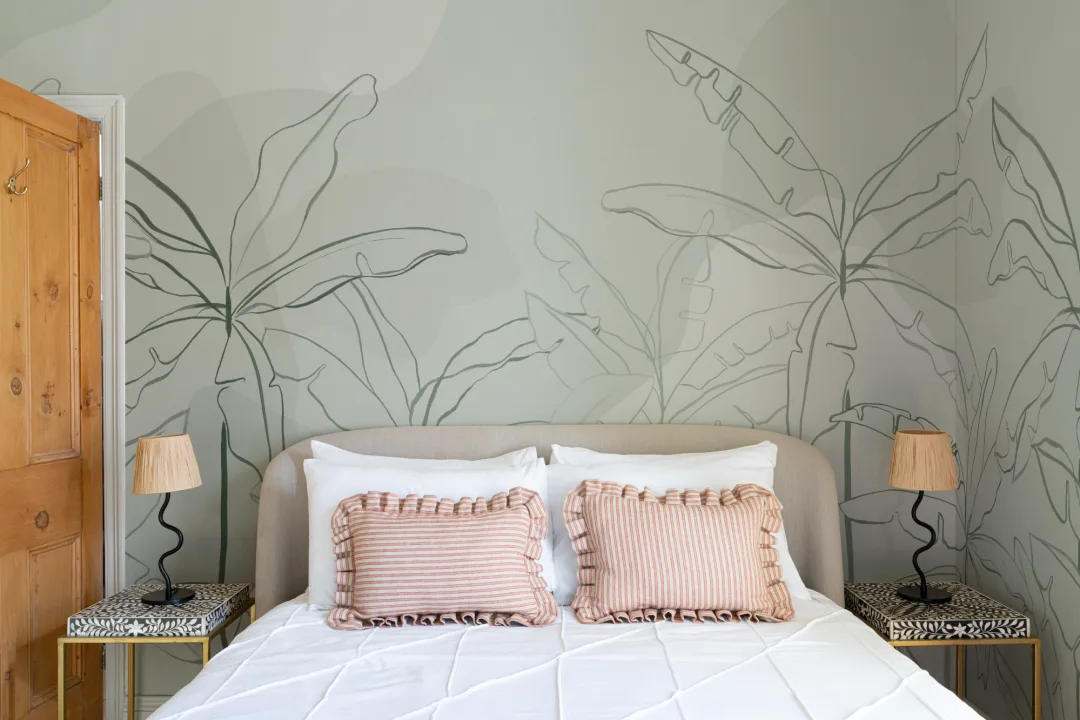 Green Tropical Wall Mural with Inky Banana Leaf Illustration