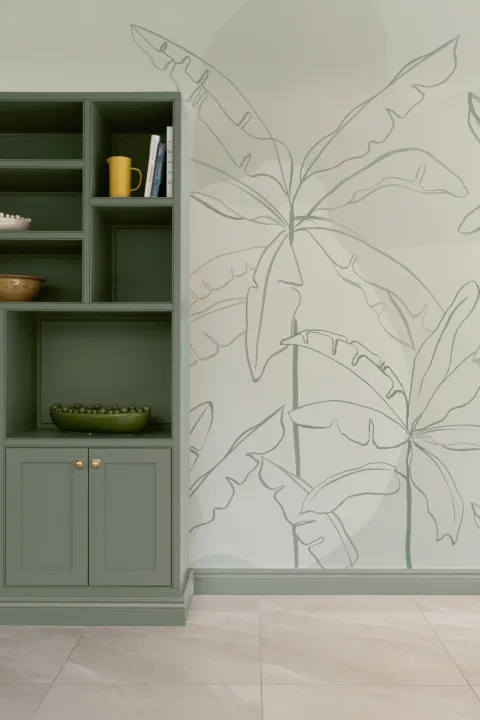 Mural de papel pintado tropical verde con ilustración de hoja de plátano tinta
