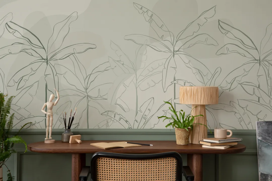 Mural de papel pintado tropical verde con ilustración de hoja de plátano tinta