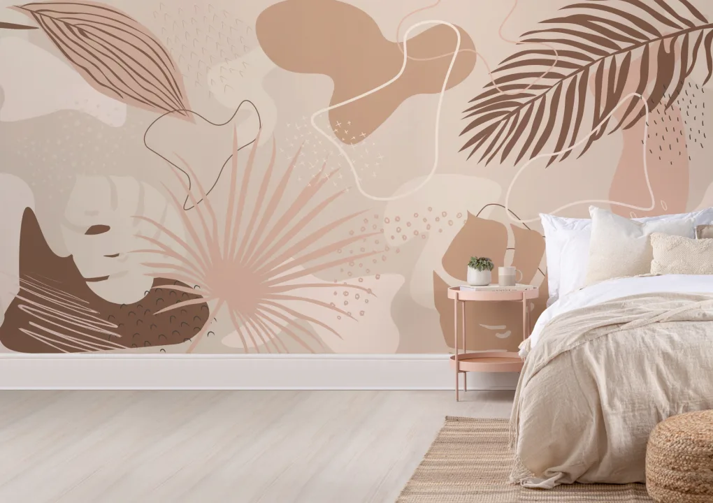 Abstract Tropical Collage Wall Mural in Pink and Warm Neutrals