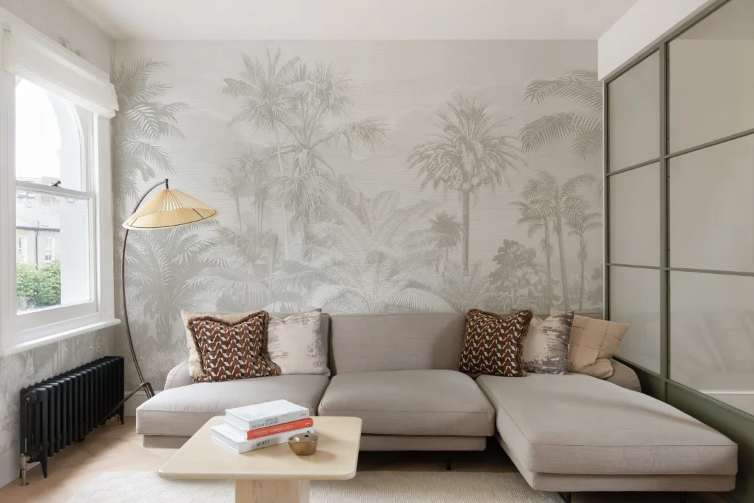 Lacandon Grey Wall Mural Tropical Palm Forest with Vintage Etching Detail